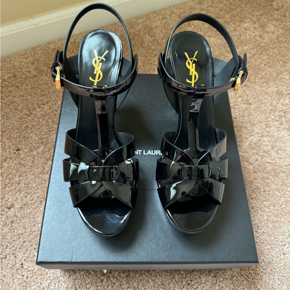 YSL Tribute Patent T-Strap Platform Sandals